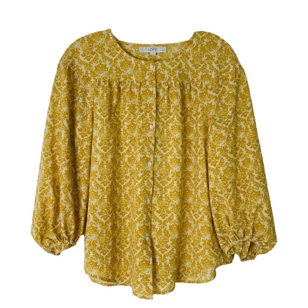 Loft yellow cream floral cottagecore chiffon button front top MP